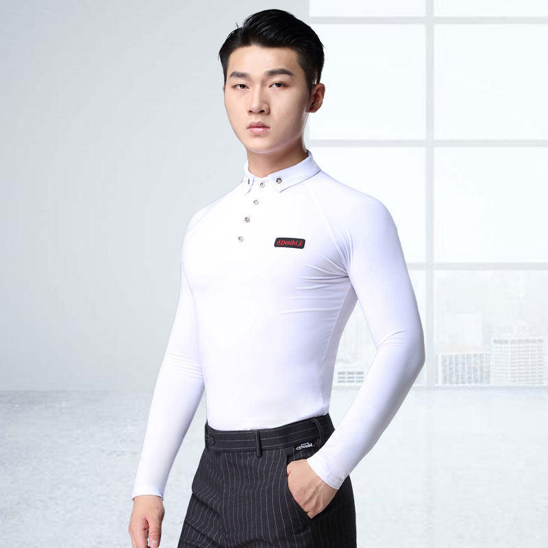 丹宝罗广场舞服装摩登舞练功服男士衬衣领白色长袖弹力国标跳舞衣
