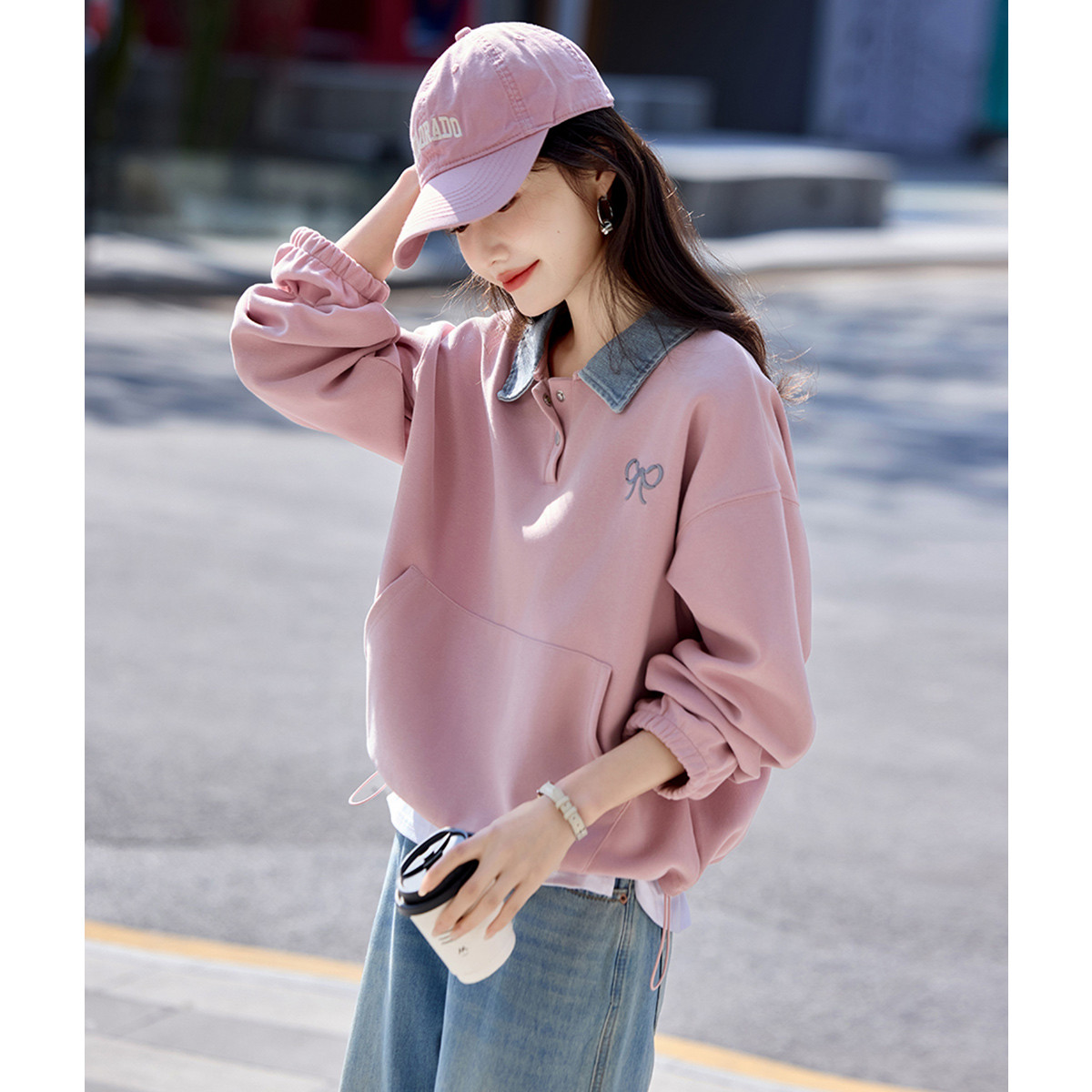 牛仔拼接假两件上衣25年秋季学院风少女减龄刺绣宽松卫衣女