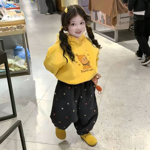 连帽卫衣可爱女童新款儿童时髦秋冬加绒穿搭运动套装星星两件套潮