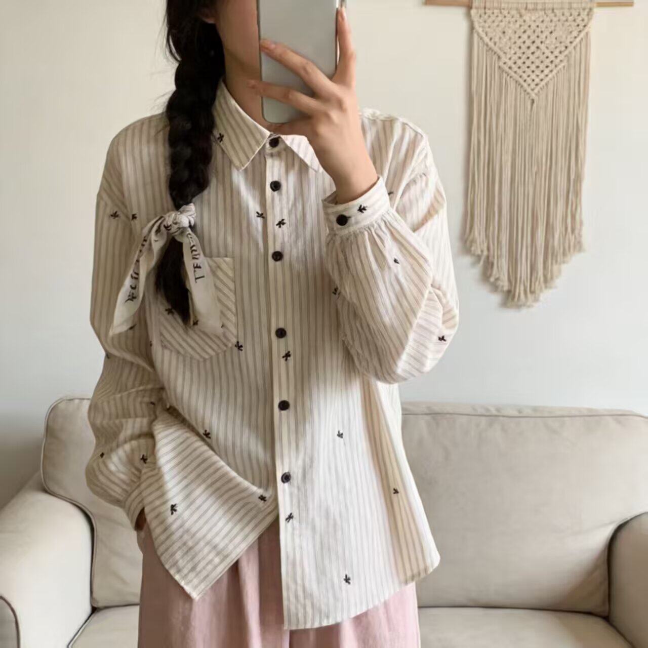韩版条纹刺绣蝴蝶结长袖女衬衫