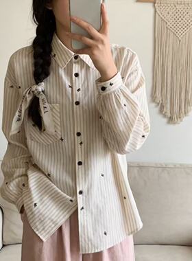 韩版条纹刺绣蝴蝶结长袖女衬衫
