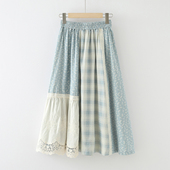 春夏款 森系小清新蕾丝拼接格子半身裙女文艺格子伞裙a字裙子中长