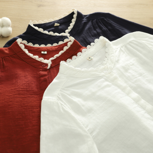 潮 打底衫 2025春文艺小清新甜美蕾丝花边立领双层棉纱白衬衫 女长袖