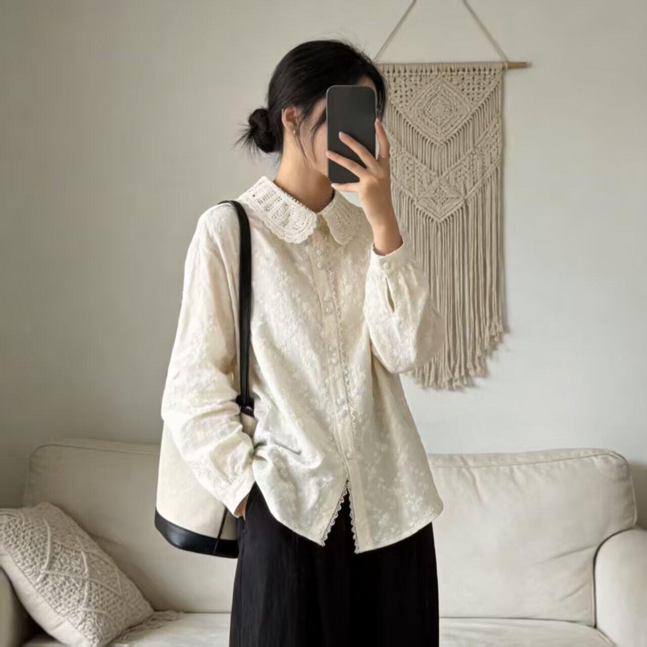 森系小清新娃娃领提花长袖衬衫女