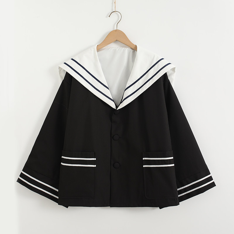 春夏新款日系少女海军领短外套女学院风大口袋单排扣宽松斗篷外套