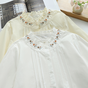 少女减龄纯棉白衬衣 女秋季 日系森女小清新甜美花边领绣花长袖 衬衫