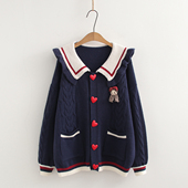 女百搭毛衣外套上衣 学院风海军领大翻领宽松针织开衫 秋冬新款 韩版