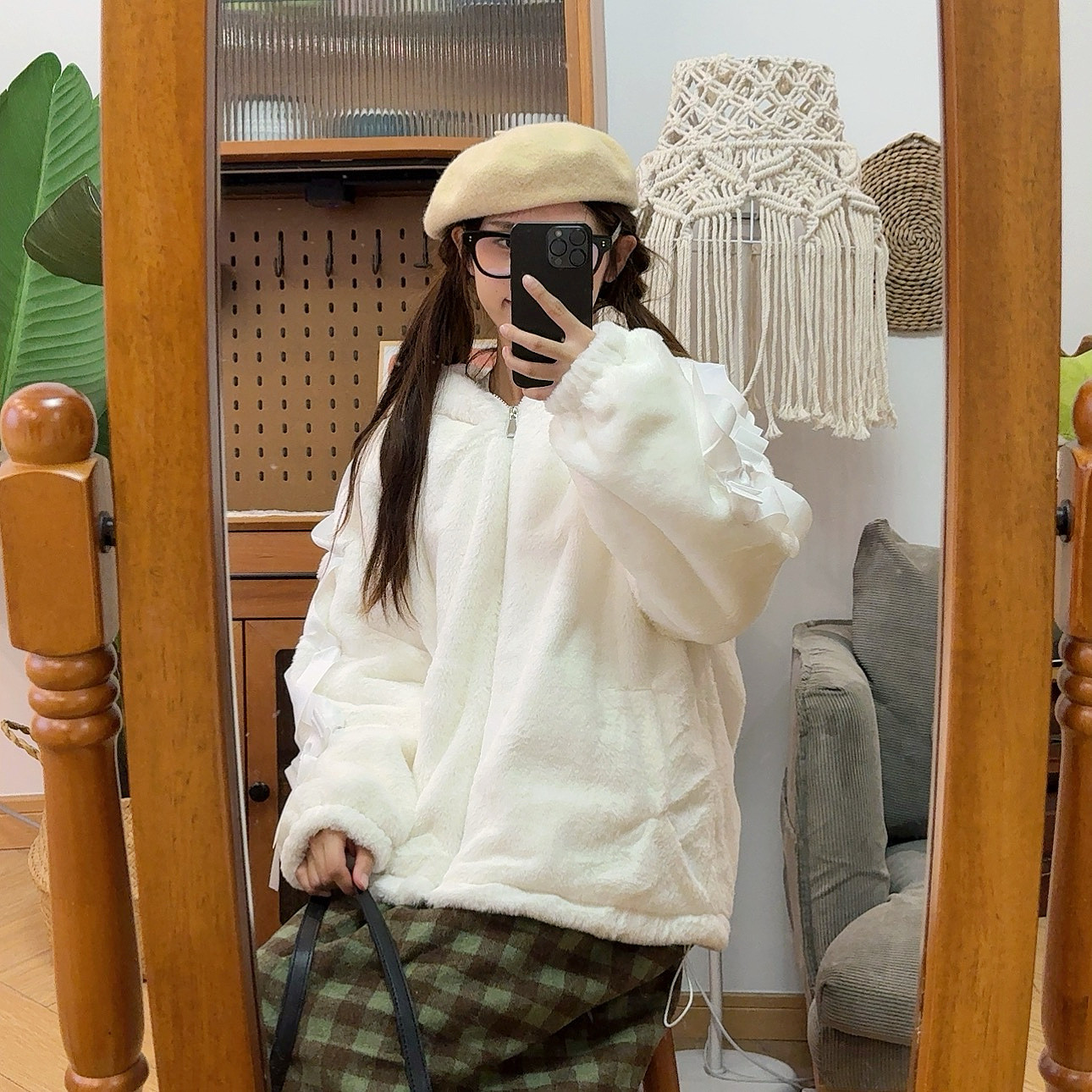 袖蝴蝶结兔耳朵毛绒外套少女加绒