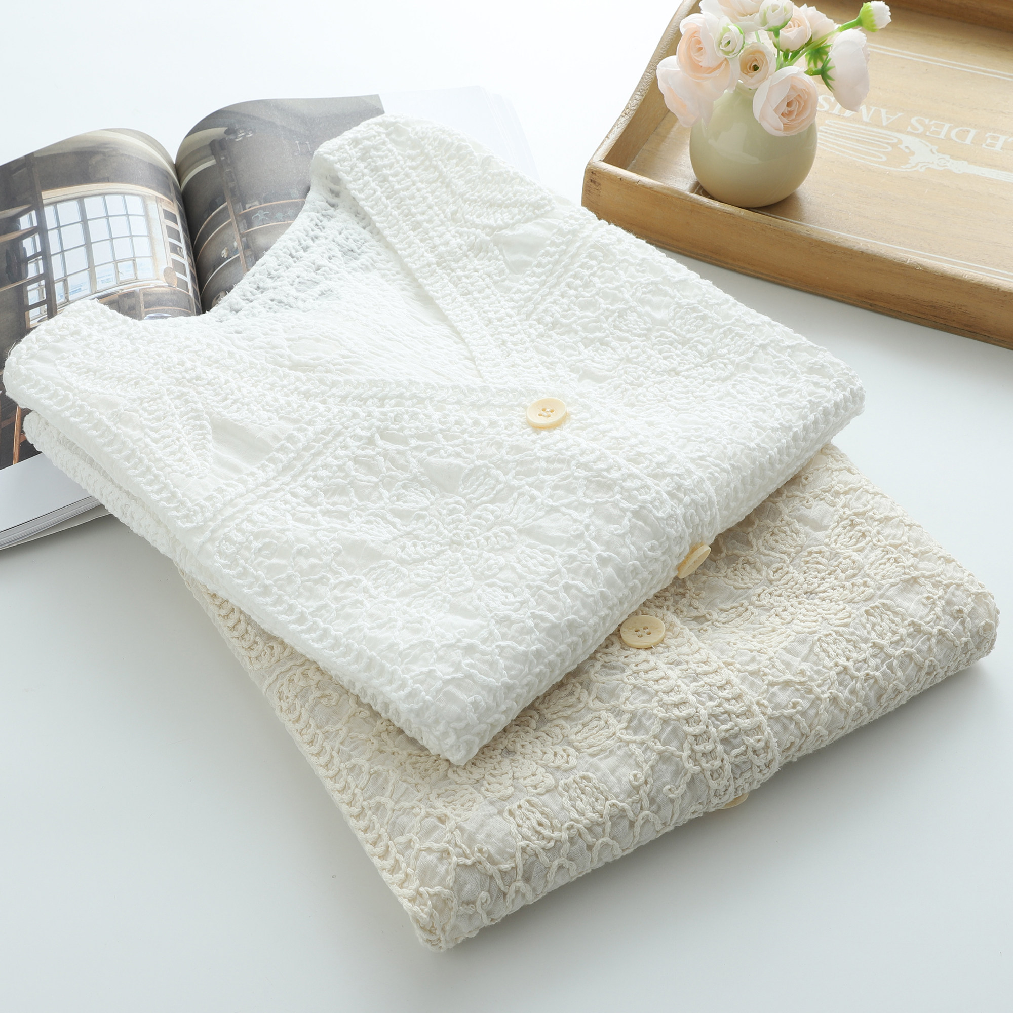 森系文艺百搭V领马甲女镂空小衫粗线钩花刺绣上衣小个子坎肩上衣