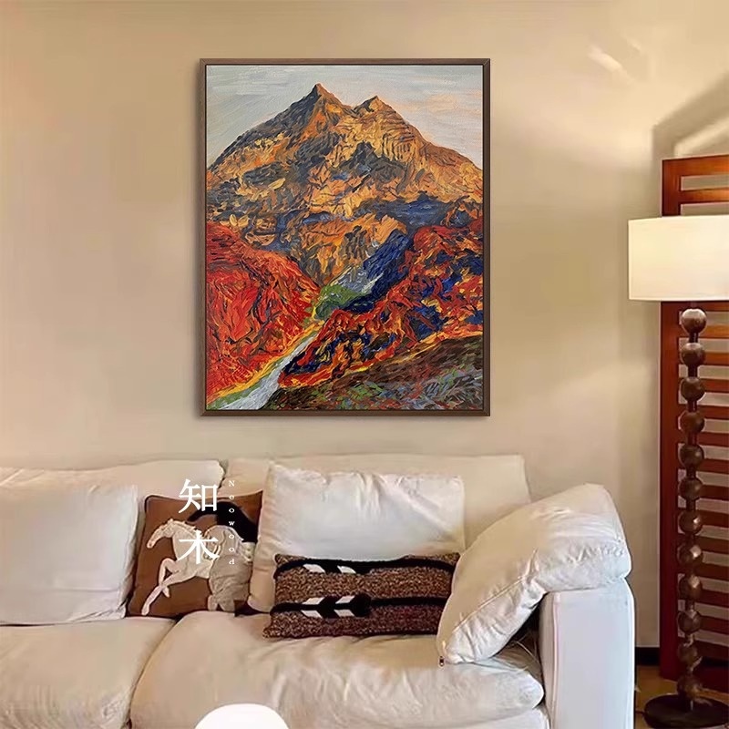 手绘油画侘寂风客厅装饰画日照金山肌理玄关挂画民宿酒店餐厅壁画图片