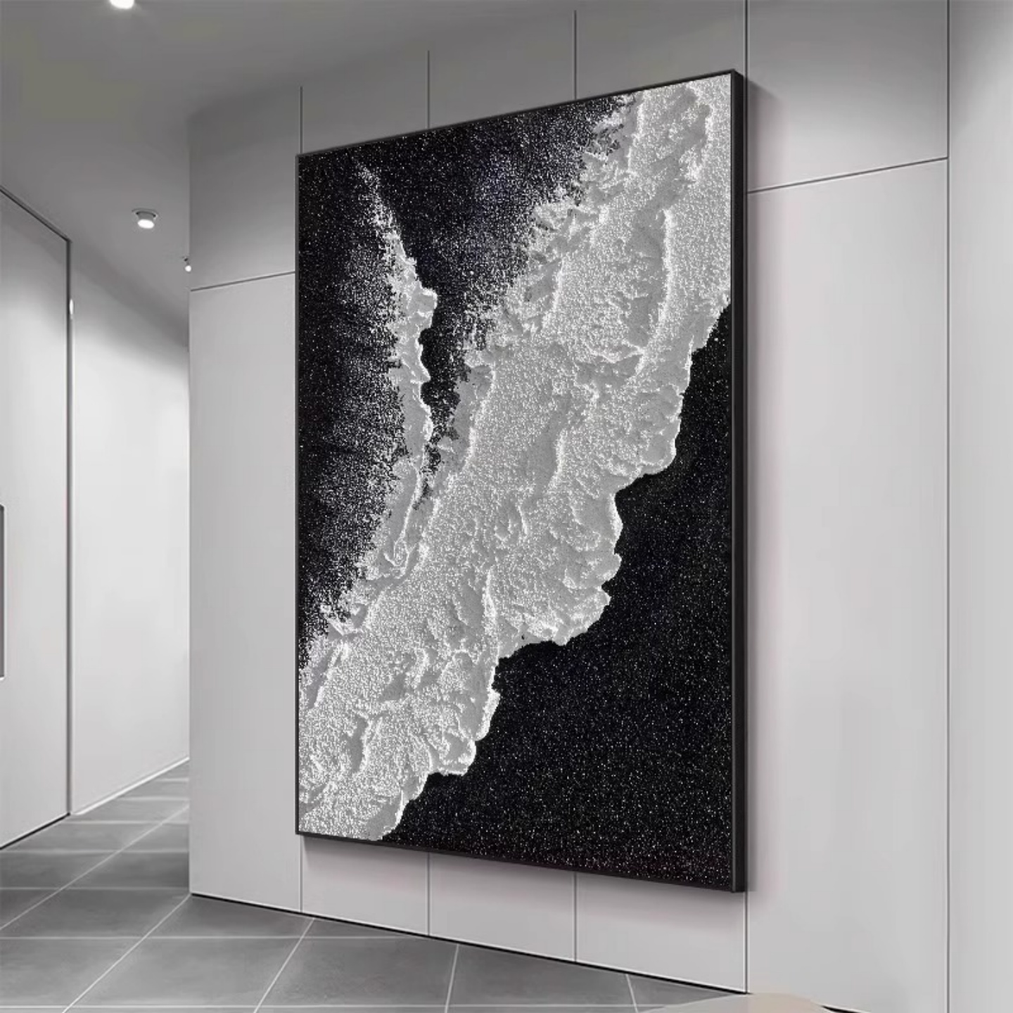 柚子手绘油画黑白海浪沙滩立体石英砂肌理轻奢客厅背景墙装饰挂画图片