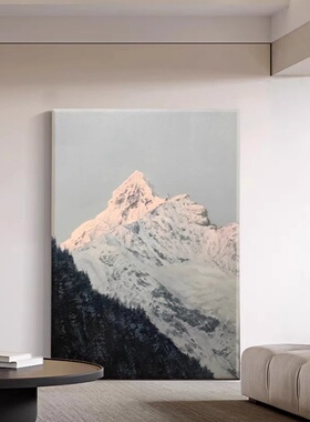 手绘油画意式极简日照金山装饰画