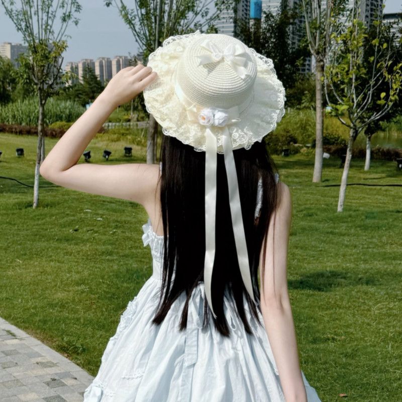 Lolita风蕾丝蝴蝶结草帽夏季防晒图片