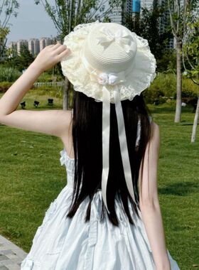 Lolita风蕾丝蝴蝶结草帽夏季防晒