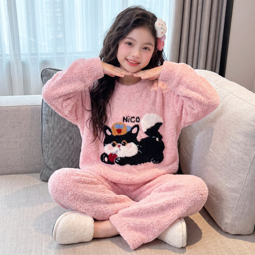 女大童装秋冬季半边绒家居服套装