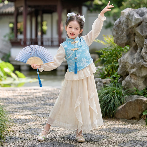 女童新中式蓝白印花汉服套装古风