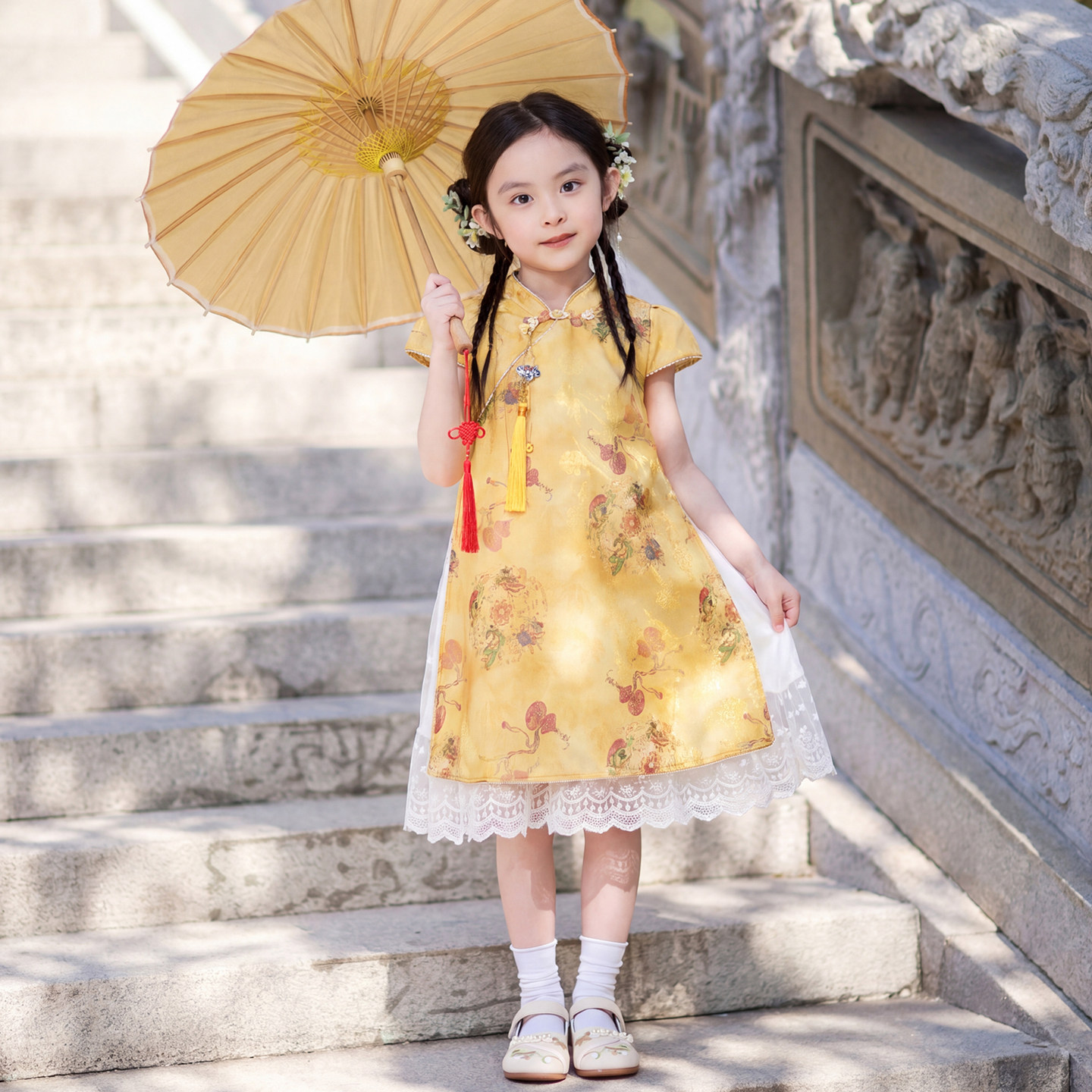 女童旗袍连衣裙夏季儿童中国风古装汉服演出服小女孩黄色公主裙子