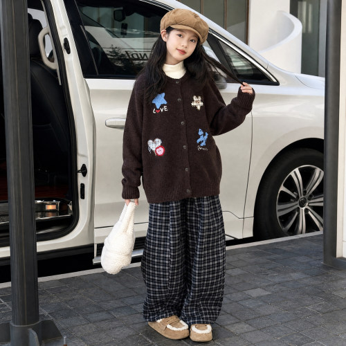女童春秋复古毛衣格纹阔腿裤套装