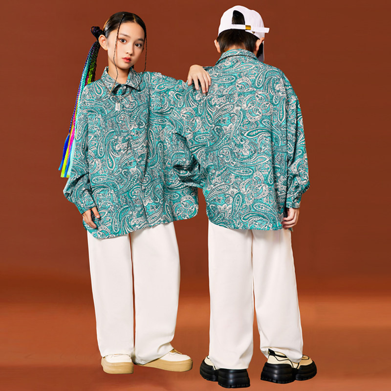 儿童街舞演出服港风复古印花女童hiphop套装男童poppin长袖花衬衫