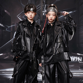 架子鼓演出服男孩黑皮衣马甲炫酷少儿童街舞潮服男女童嘻哈风套装