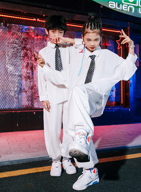 女童爵士舞服装儿童套装男童hiphop嘻哈街舞演出服装走秀白色衬衫