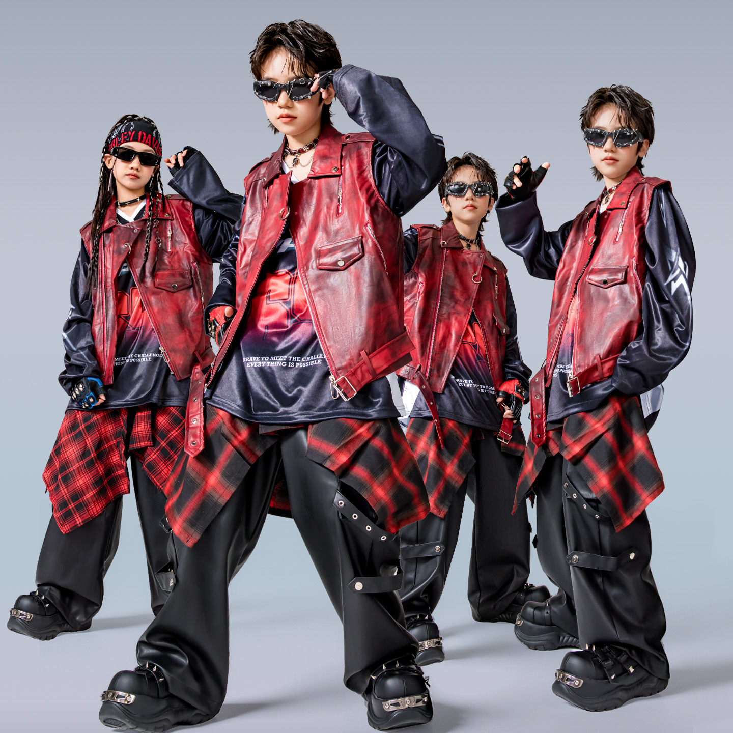 街舞儿童潮服架子鼓演出服男女童新款嘻哈痞帅风红色皮衣马甲套装