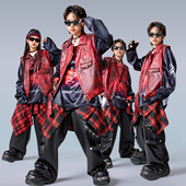 街舞儿童潮服架子鼓演出服男女童新款 嘻哈痞帅风红色皮衣马甲套装