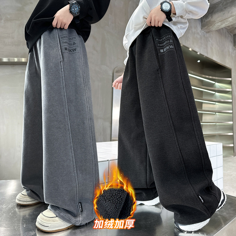 男童一体绒加厚裤子2025冬季新款男生初中生加绒直筒宽松休闲裤子