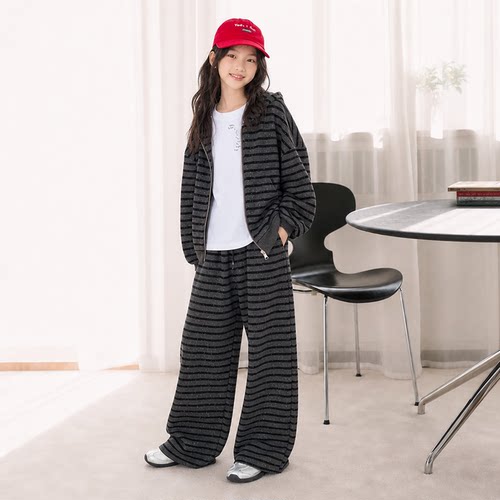 女童装秋季条纹连帽卫衣长裤套装