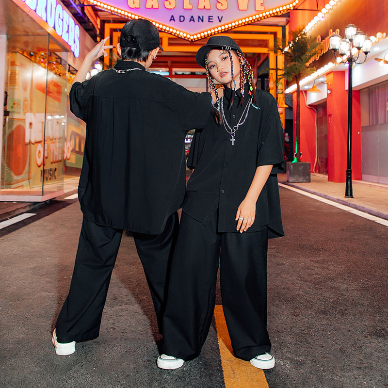 好货爵士舞服装女童模特走秀时装夏男童黑色衬衫街舞潮服现代舞练