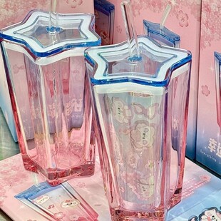 幸运星星杯五角星玻璃杯网红爆款吸管杯渐变冷饮杯带盖咖啡牛奶杯