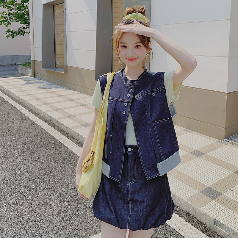 【现货】25夏装新款牛仔针织拼接马夹套装2C055-5055-P165控238,女装套装/套裙,2C055