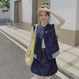 【现货】25夏装新款牛仔针织拼接马夹套装2C055-5055-P165控238，女装套装/套裙，2C055