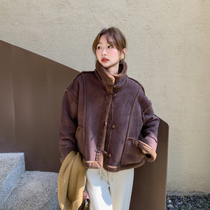 复古皮毛一体羊羔毛外套女2025冬季新款高级感加厚麂皮绒机车棉服图片