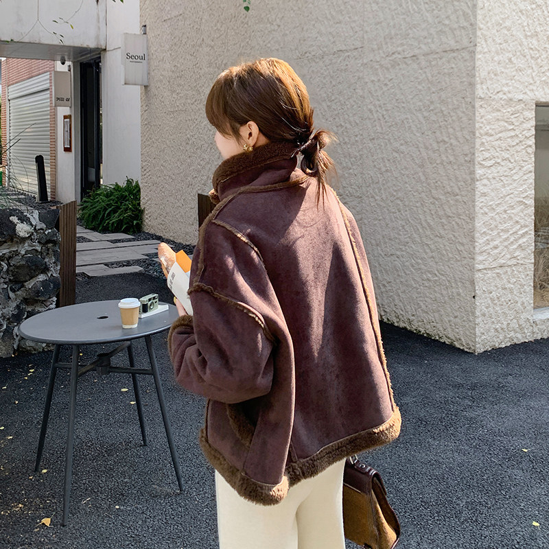 复古皮毛一体羊羔毛外套女2025冬季新款高级感加厚麂皮绒机车棉服,女装短外套,2C055