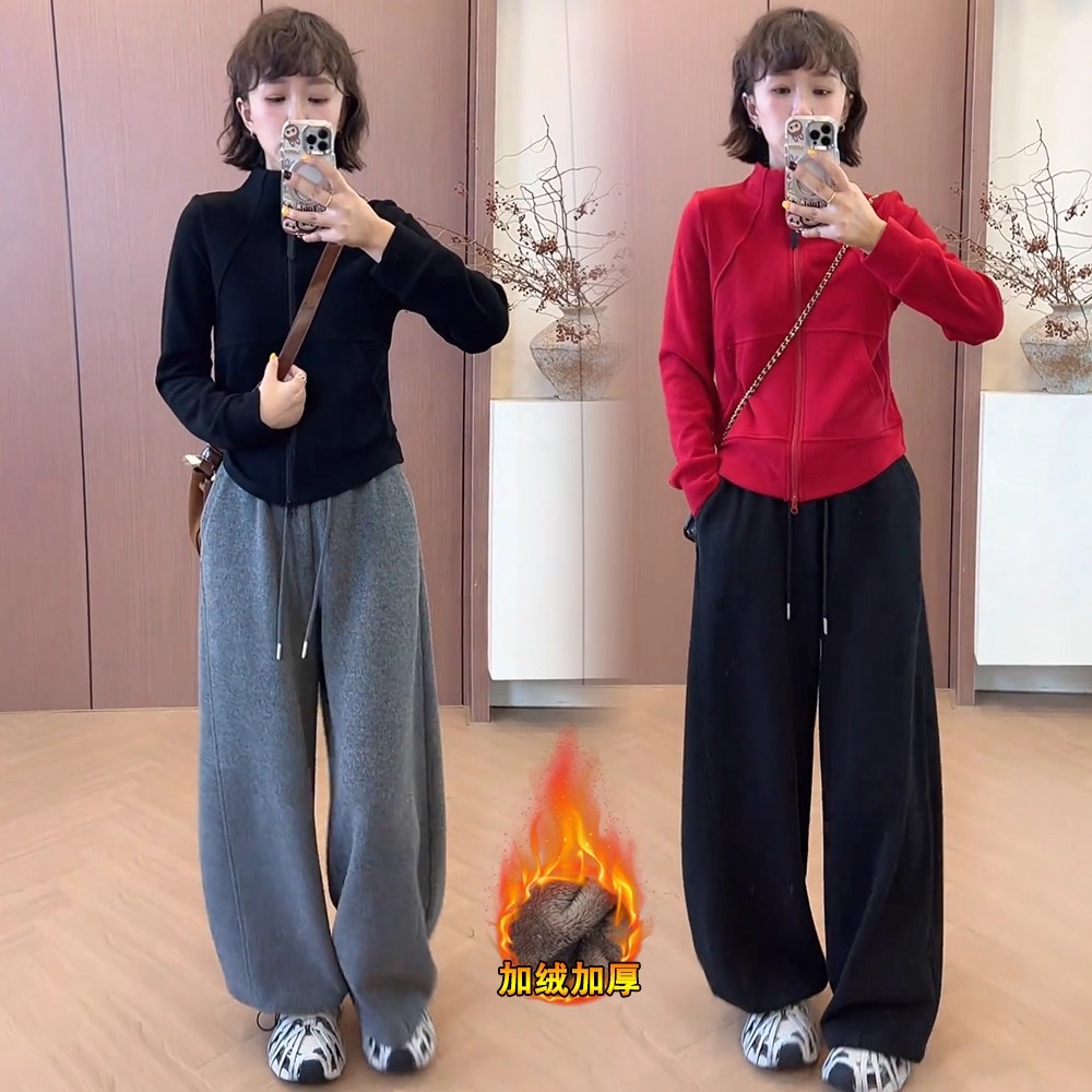 时尚休闲运动套装女2025冬季新款洋气显瘦卫衣开衫阔腿裤两件套潮