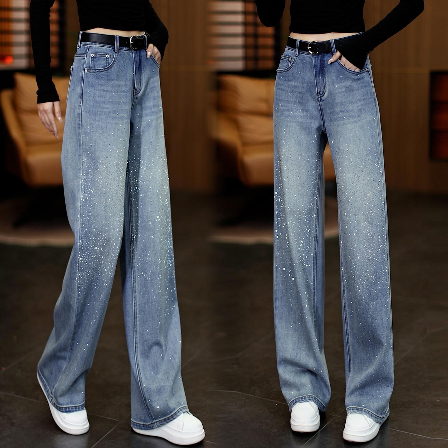 时尚烫钻弯刀牛仔裤女2026春季新款洋气高腰显瘦宽松百搭直筒裤潮,女装/女士精品,牛仔裤,淘宝优惠券,粉丝福利购,淘宝优惠卷