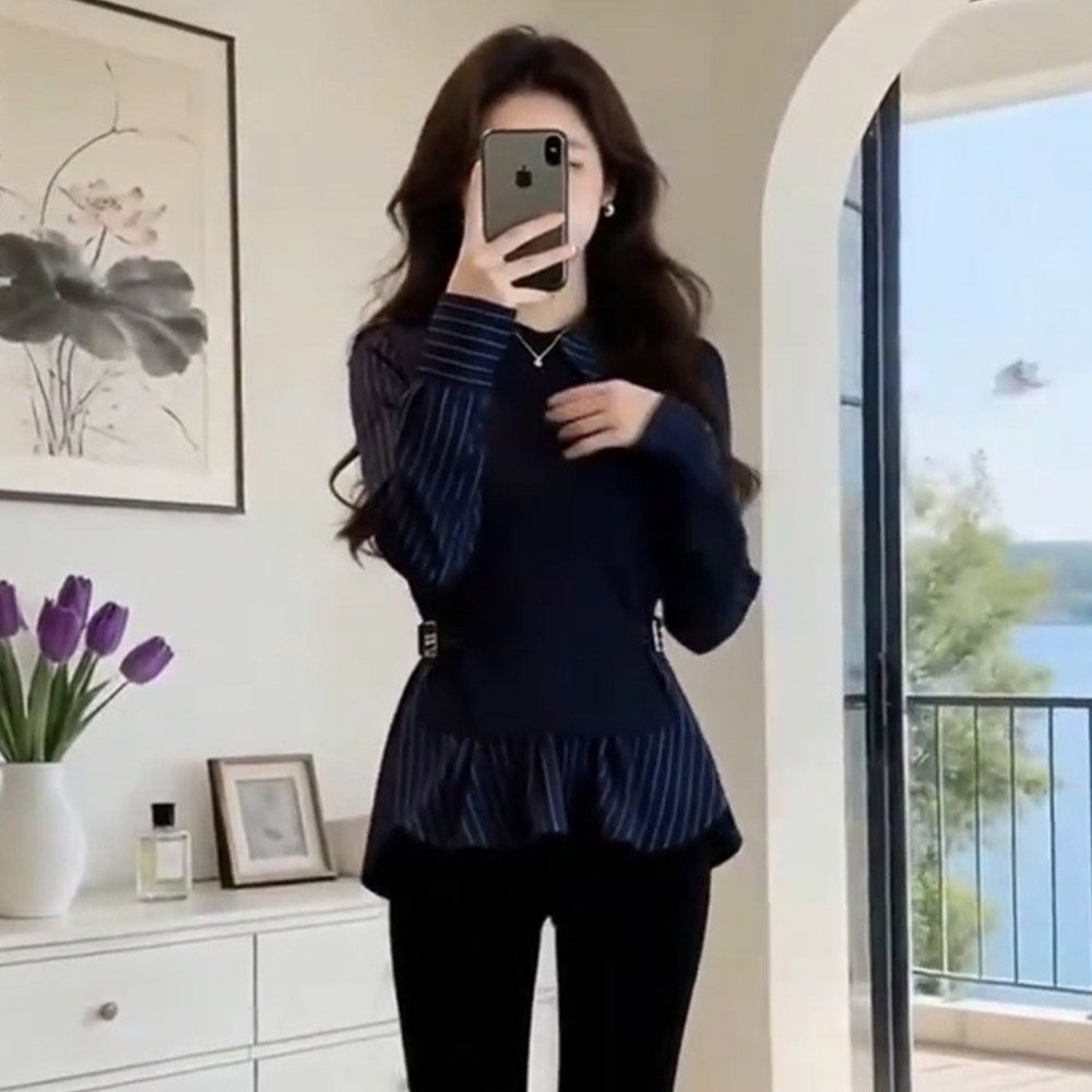 时尚长袖衬衫女2026春季新款洋气设计感收腰假两件条纹百搭打底衫