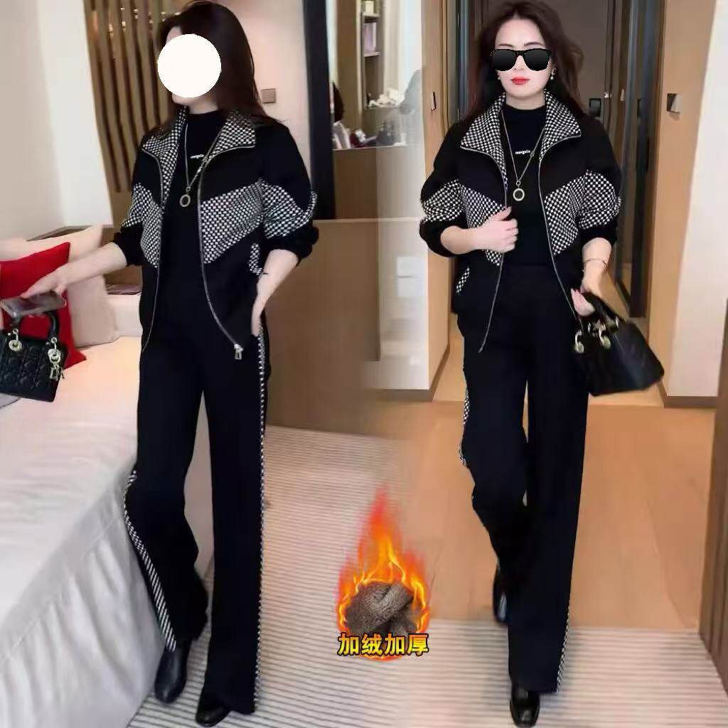 时尚休闲套装秋冬新款格子两件套