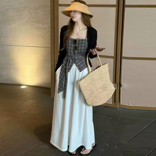 时尚套装女2026夏季新款洋气冰丝针织开衫格子吊带阔腿裤三件套潮