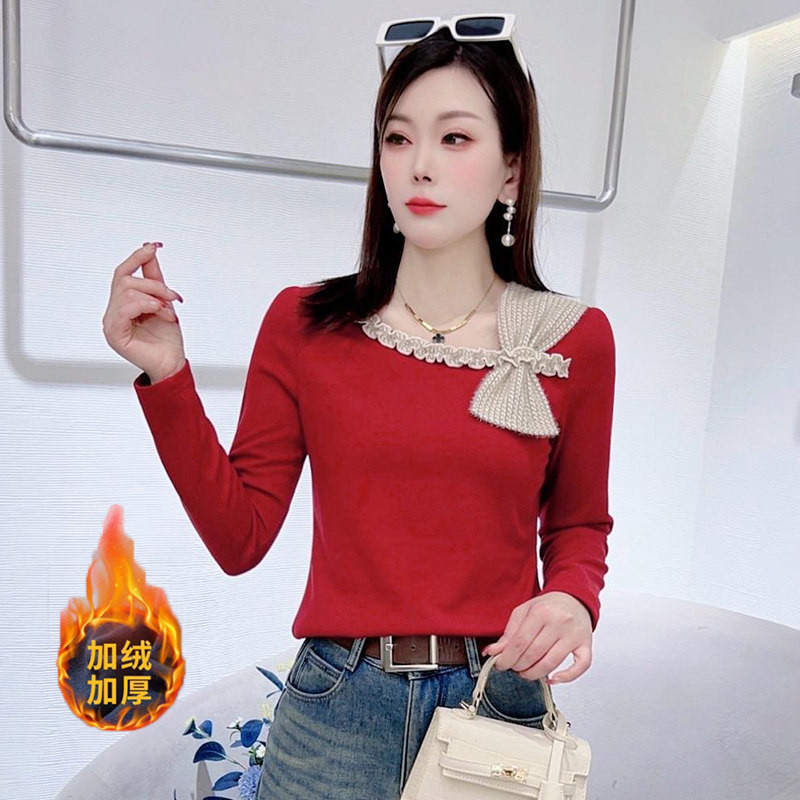 时尚蝴蝶结长袖T恤女2025冬季新款设计感洋气减龄加绒打底衫上衣,女装/女士精品,T恤,淘宝优惠券,粉丝福利购,淘宝优惠卷