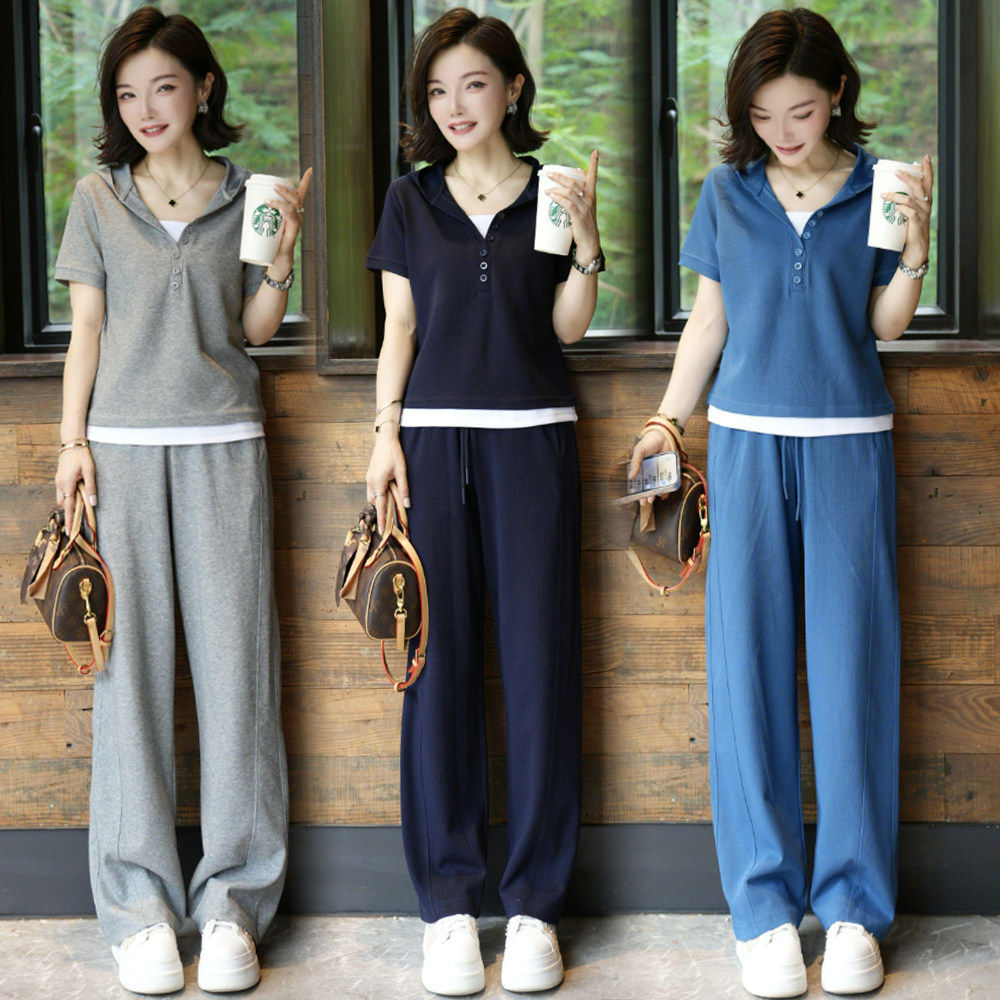 休闲运动套装女2026夏季新款洋气连帽假两件短袖上衣阔腿裤两件套