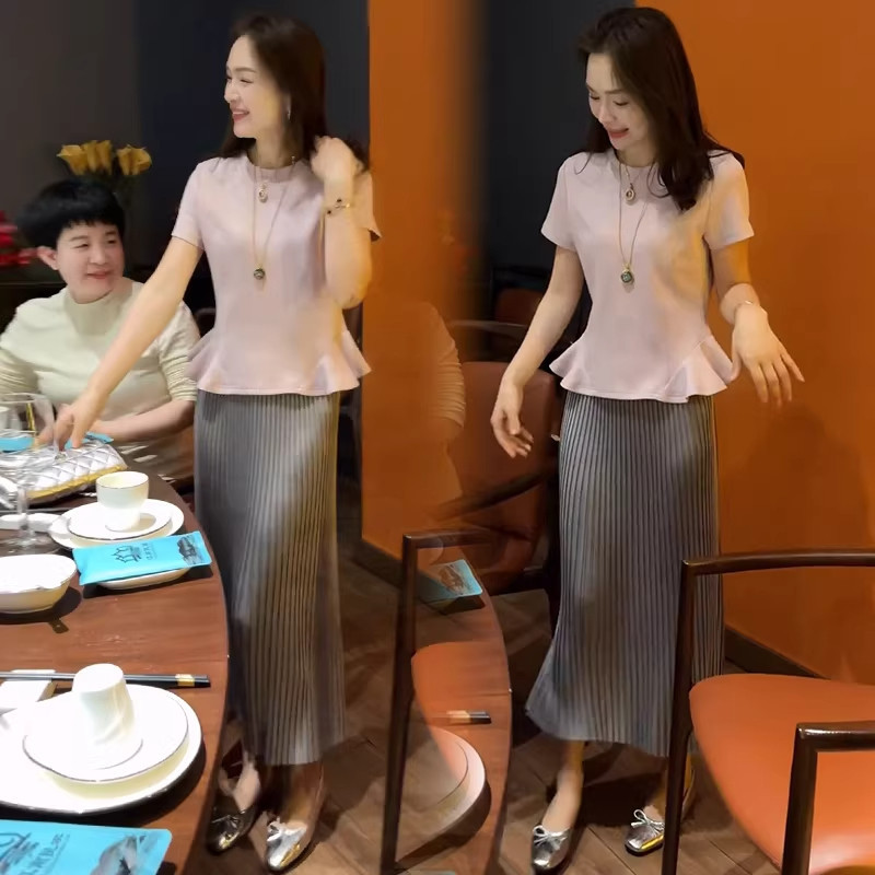 时尚套装裙女夏季新款洋气质显瘦荷叶边短袖T恤百褶半身裙两件套