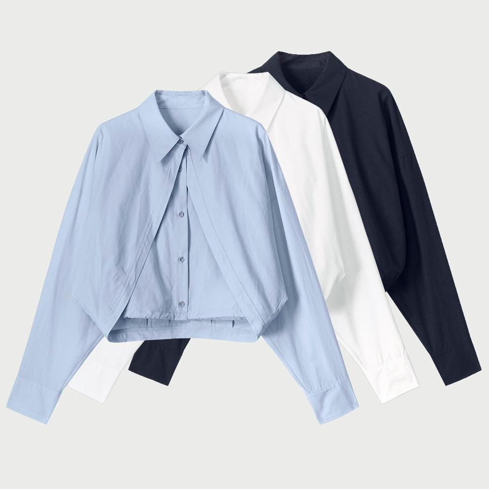 时尚长袖衬衫女2026春季新款洋气显瘦百搭休闲假两件翻领衬衣上衣