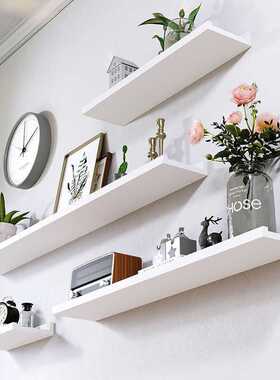 白色实木墙上置物架美甲荣誉架一字隔板客厅电视背景沙发后置物板