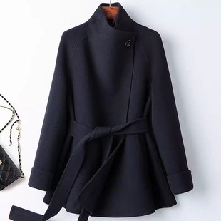 墨青色双面羊绒大衣女中长款2025新款秋冬季立领系带收腰毛呢外套
