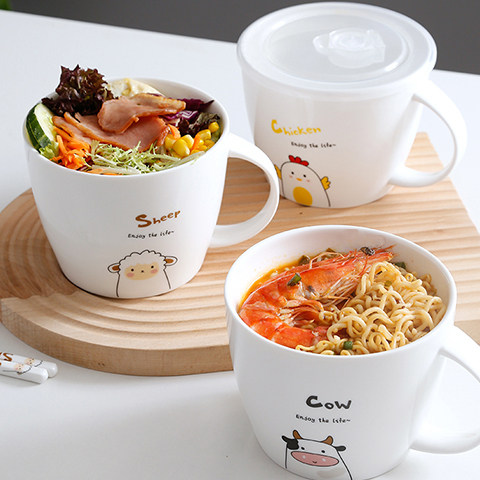 日式陶瓷泡面碗带盖学生宿舍用卡通泡面杯方便面碗食堂打饭盒单个