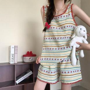 夏 韩系甜美草莓条纹双层棉纱睡衣女款 夏季 背心短裤 家居服2025新款