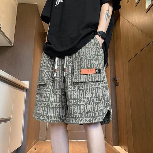 冰丝工装短裤男夏季薄款美式宽松高街大口袋中裤休闲运动五分裤男