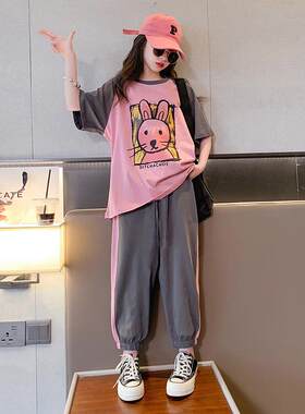 童装女童短袖恤夏装2026新款大童女装时髦套装网红女孩儿童上衣